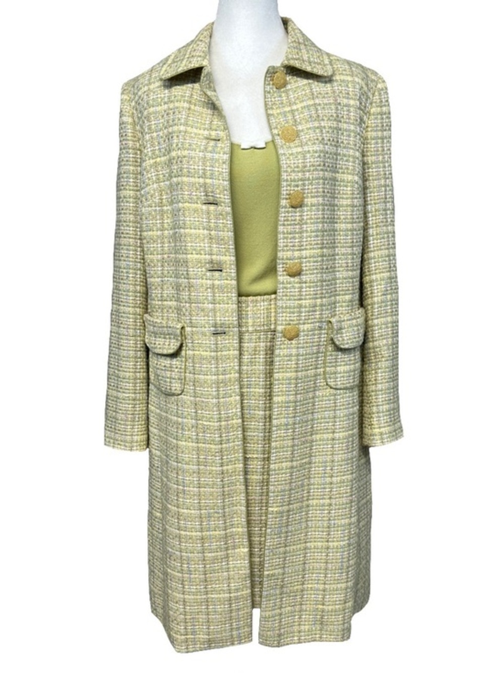 Vtg 90s Kate Hill 3 Piece Green Tweed Coat Skirt & Tank Set Chic Office Retro M*